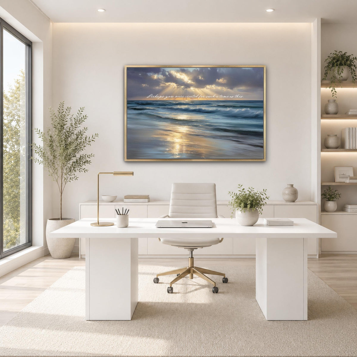 a modern, minimalist office space with a large window overlooking a serene beach scene. The office features a white desk with a computer, a comfortable white chair, and a large framed painting of a beach landscape above the desk. The room is decorated with potted plants and other natural elements, creating a calming and inspiring atmosphere.