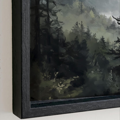 The image is a painting of a forest scene, featuring a dense collection of trees and foliage in various shades of green.