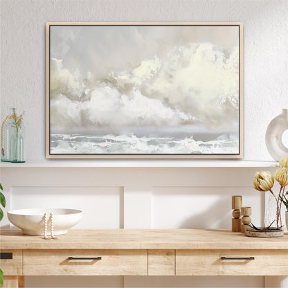 a painting hanging on a wall above a wooden table