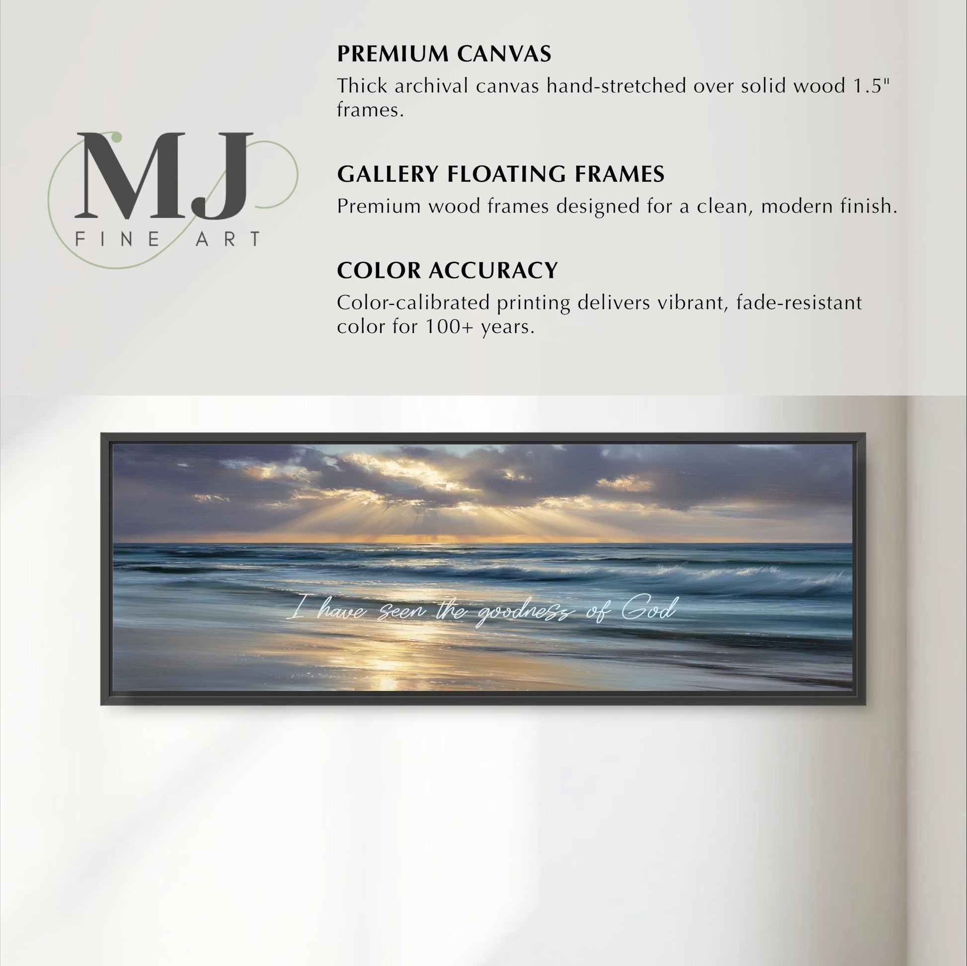 The image is a framed artwork depicting a serene beach scene with a clear sky and ocean waves.