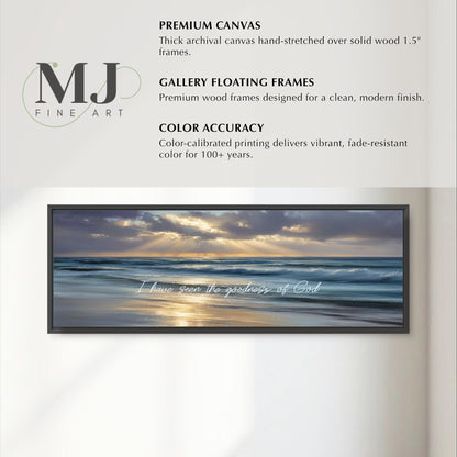The image is a framed artwork depicting a serene beach scene with a clear sky and ocean waves.