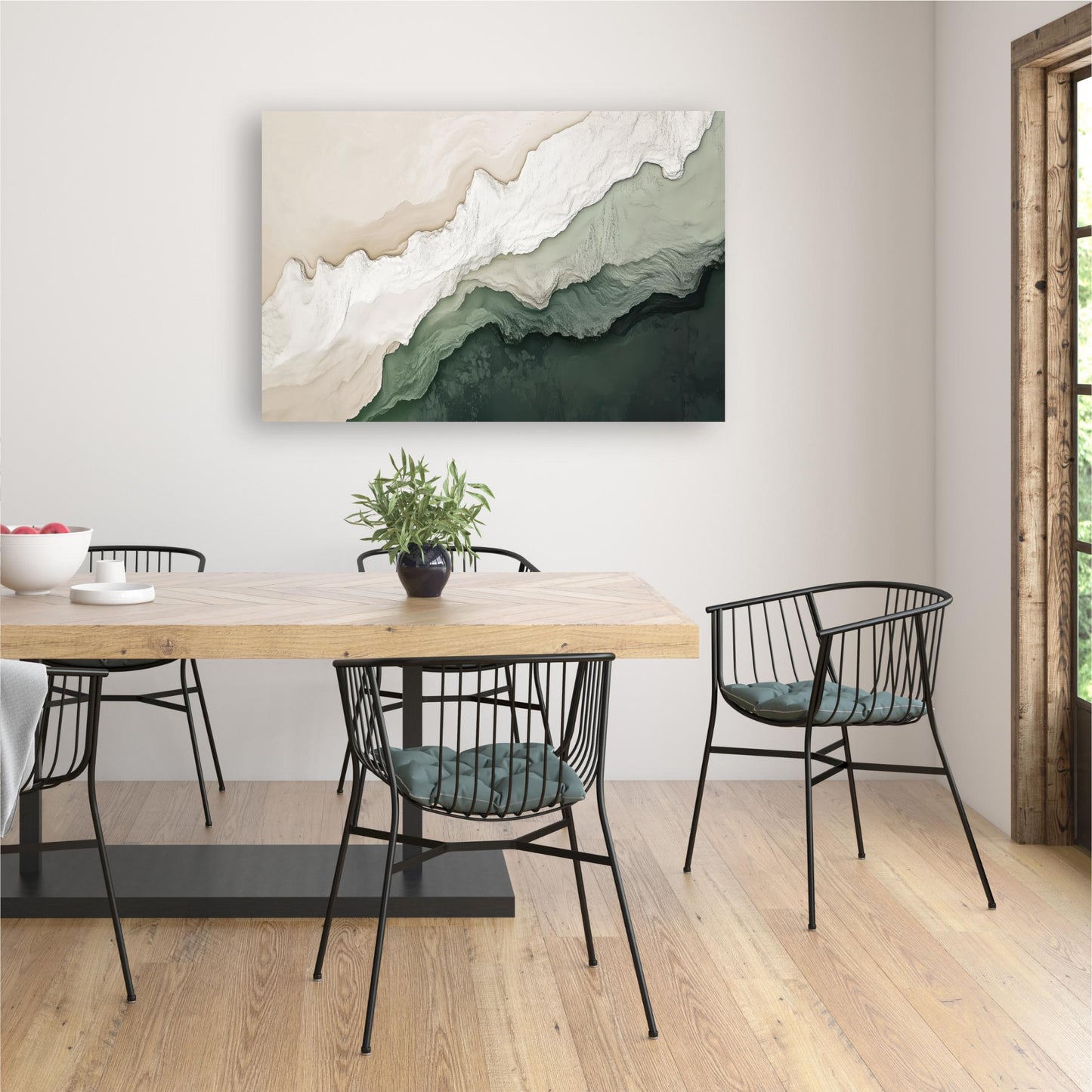 a modern dining room with a wooden table and black metal chairs. A large abstract painting with a gradient of green and white colors is hanging on the wall above the table.