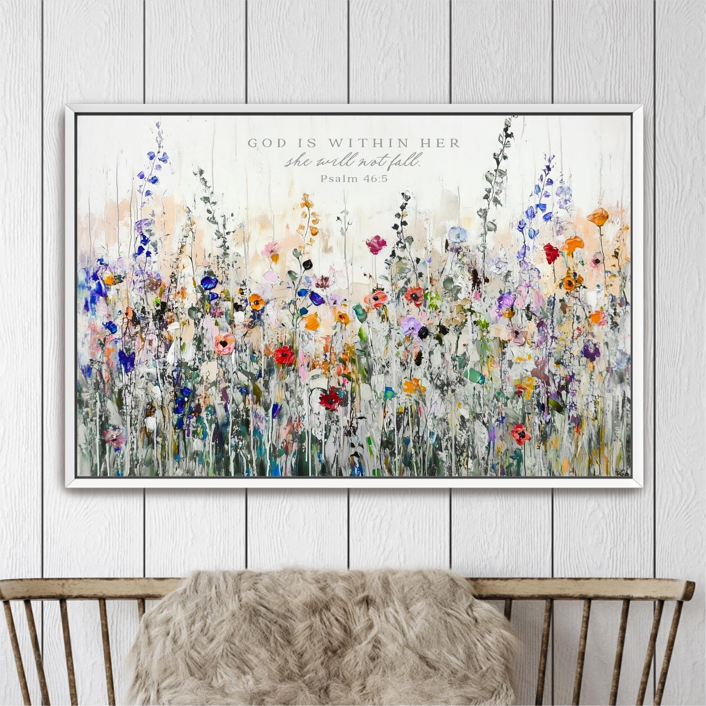 The image is a framed painting depicting a vibrant field of colorful flowers, with a text overlay that reads "God is within her, she will not fall".