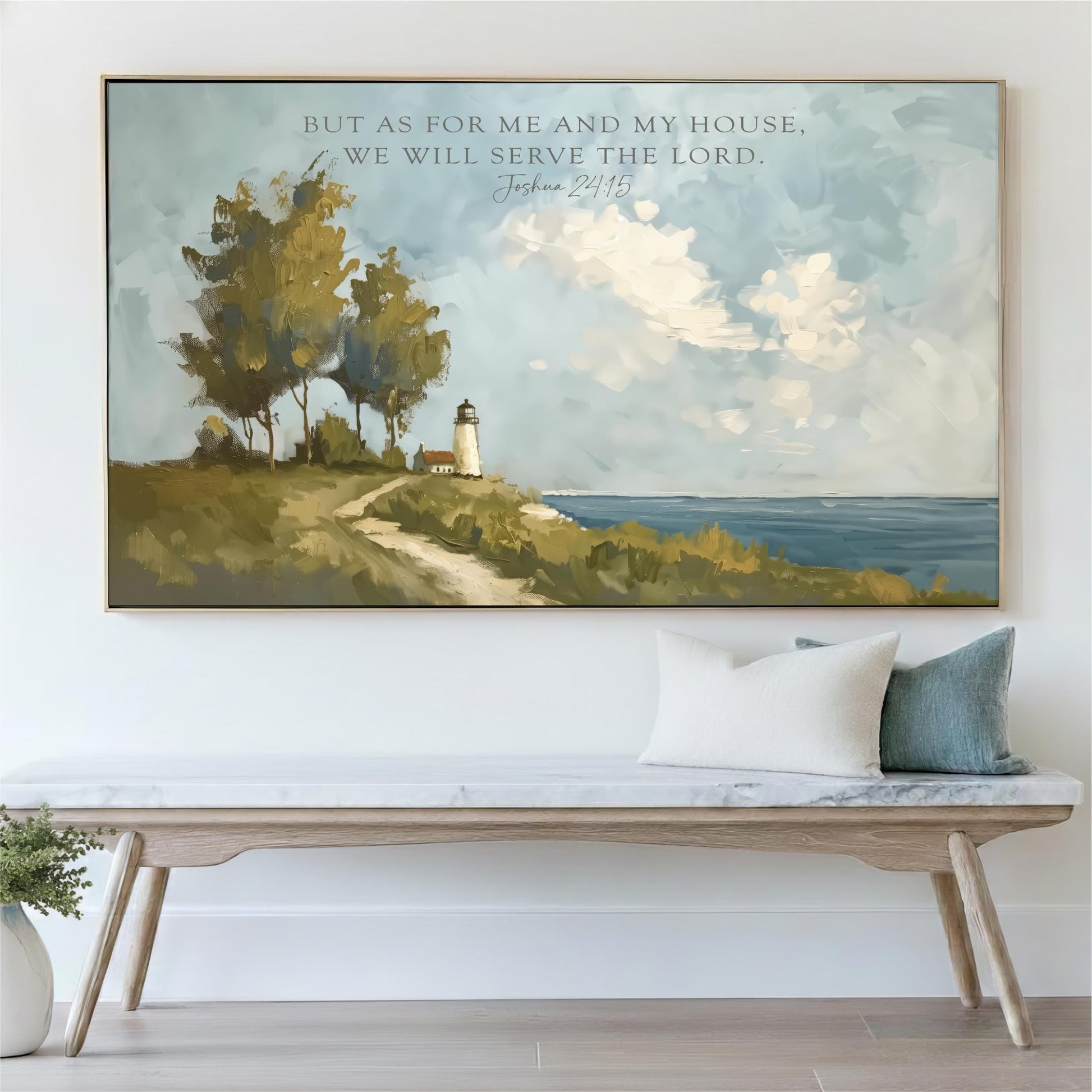 a large painting of a lighthouse on a cliff overlooking the ocean, with a quote from the Bible above it.