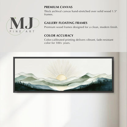 The image is a framed artwork depicting a serene landscape with mountains, trees, and a sun shining through the clouds.
