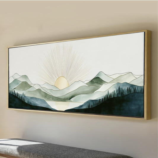 a large landscape painting hanging on a wall, depicting a serene mountain scene with a sun rising over the mountains.