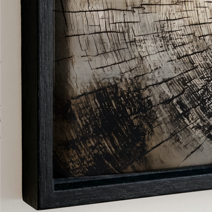 The image is a close-up of a black frame with a textured, weathered surface.