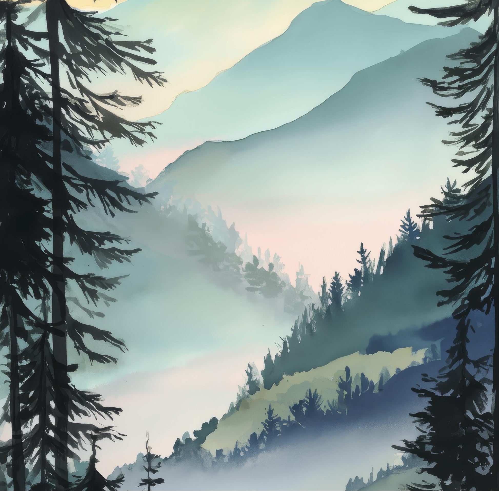 a serene mountain landscape with a dense forest of pine trees framing the scene. The mountains in the background are shrouded in mist, creating a sense of depth and tranquility. The overall composition is visually appealing and evokes a sense of calm and solitude.
