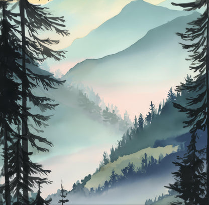a serene mountain landscape with a dense forest of pine trees framing the scene. The mountains in the background are shrouded in mist, creating a sense of depth and tranquility. The overall composition is visually appealing and evokes a sense of calm and solitude.
