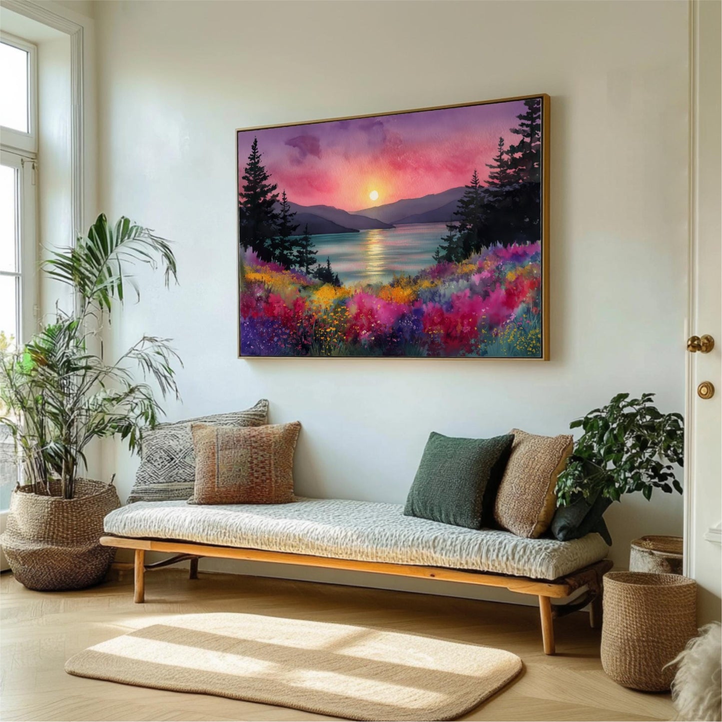 a large, colorful painting of a sunset landscape hanging on a wall in a room with a wooden bench, potted plants, and a rug.