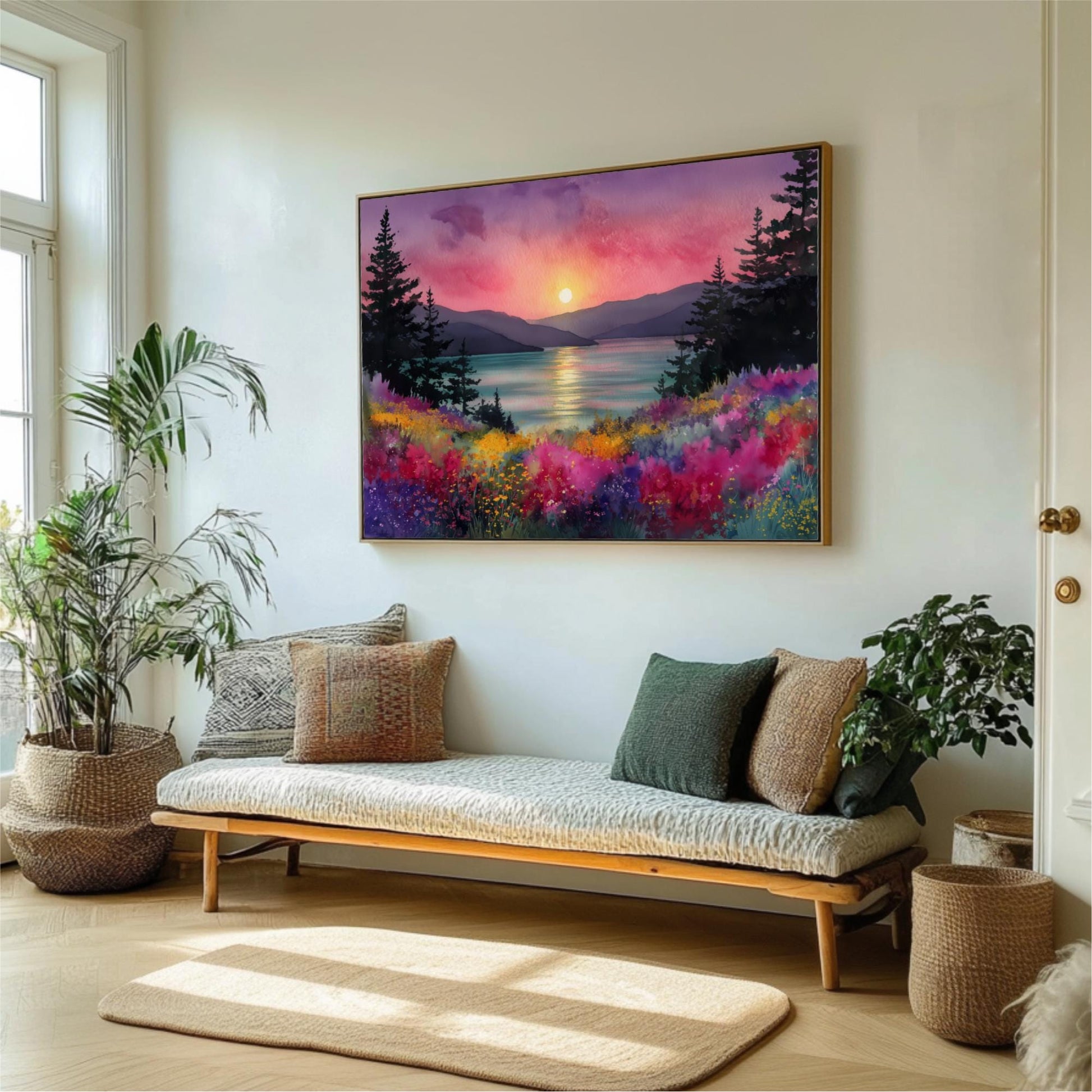 a large, colorful painting of a sunset landscape hanging on a wall in a room with a wooden bench, potted plants, and a rug.