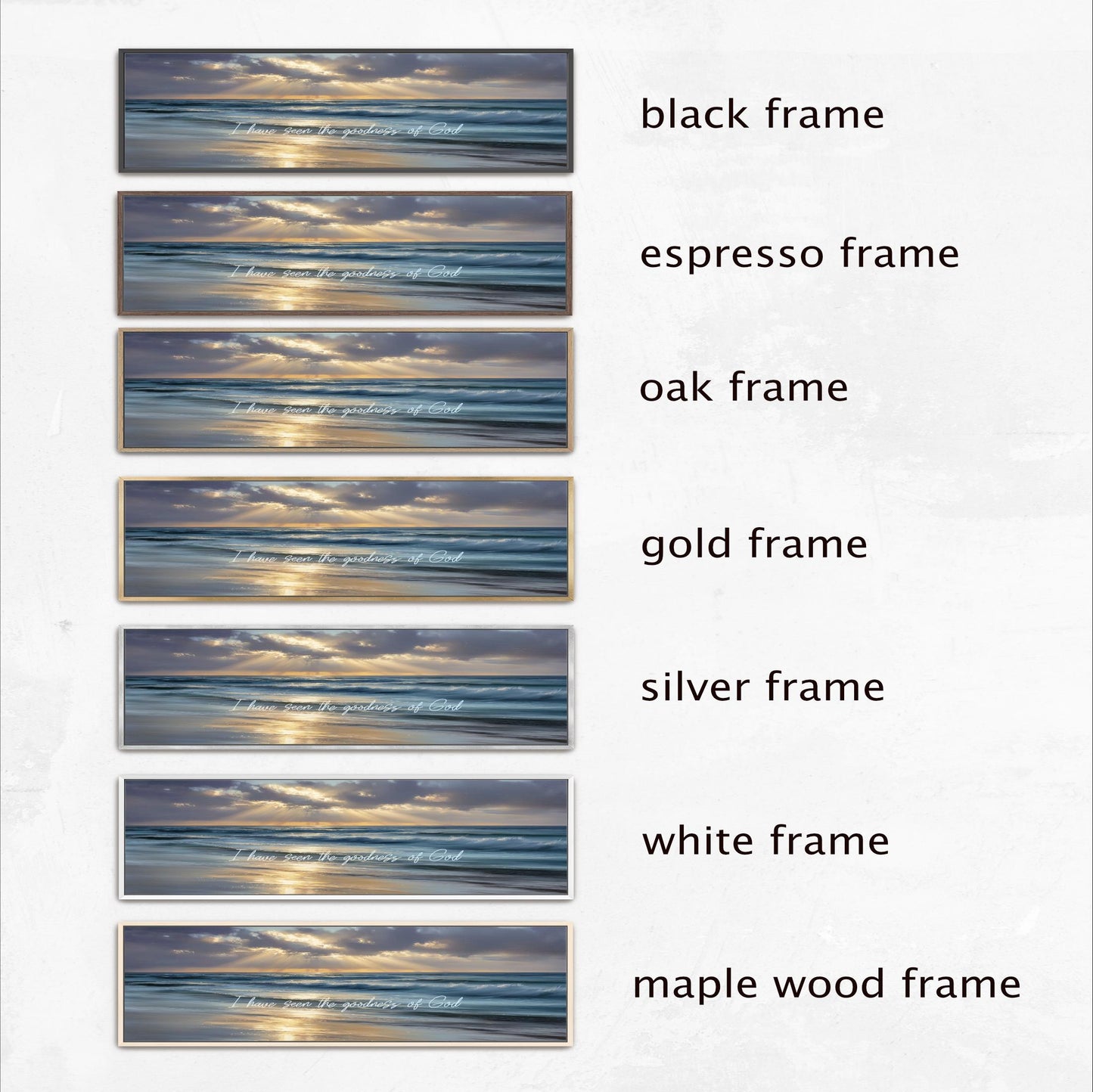 six different framed pictures of a beach scene, each with a different frame color and style.