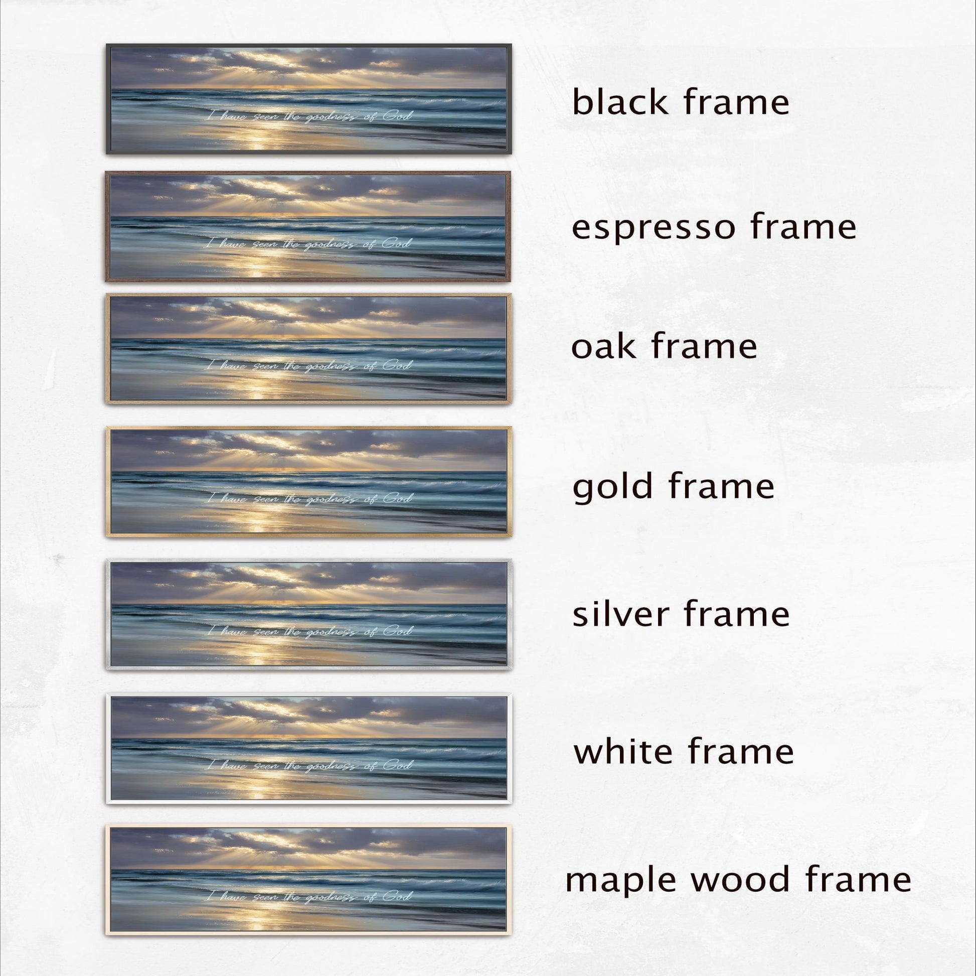 six different framed pictures of a beach scene, each with a different frame color and style.