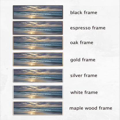 six different framed pictures of a beach scene, each with a different frame color and style.