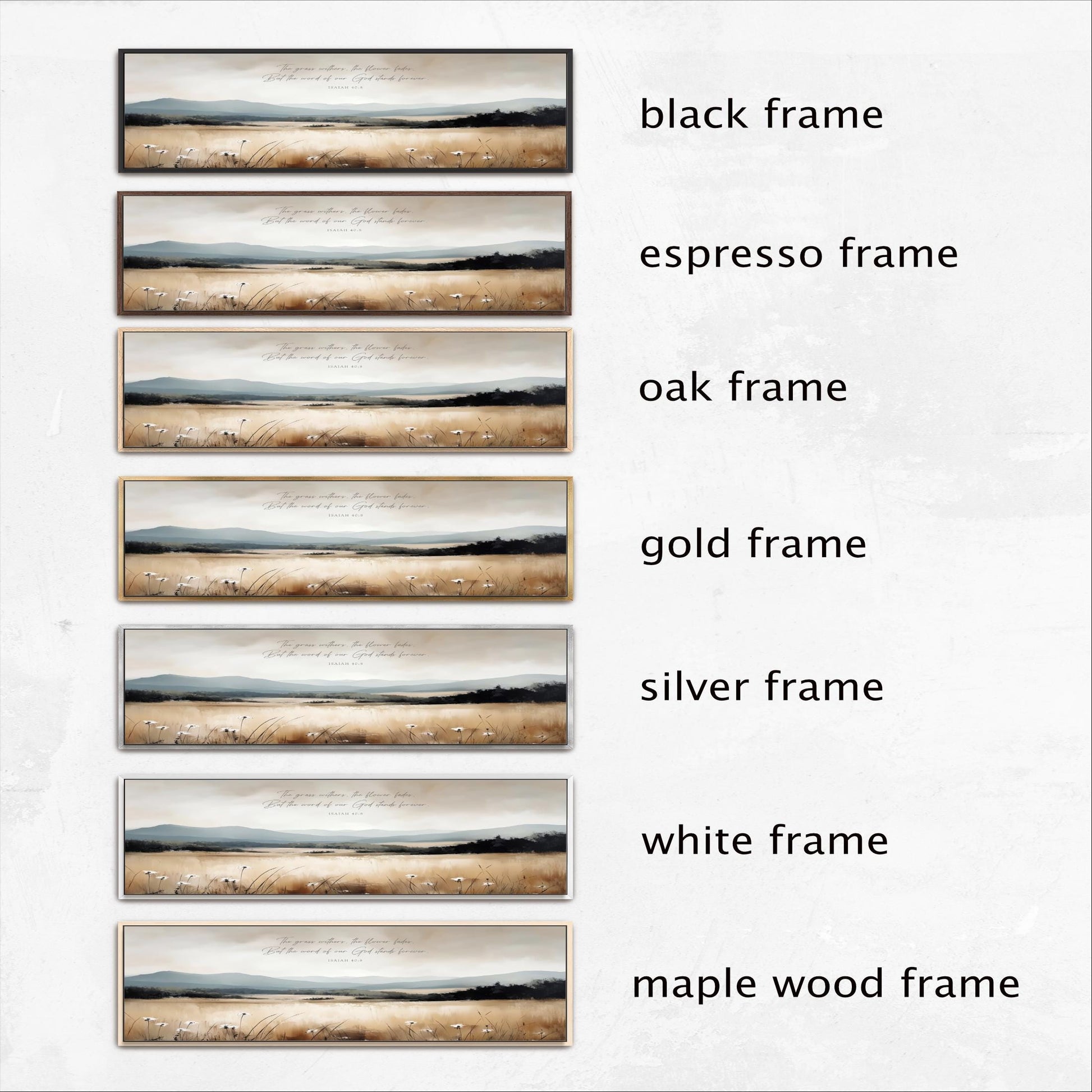a series of six framed landscape photographs, each with a different frame color and style. The frames are black, espresso, oak, gold, silver, and white, as well as a maple wood frame. The photographs are arranged in a row, showcasing the variety of frame options available for displaying artwork.