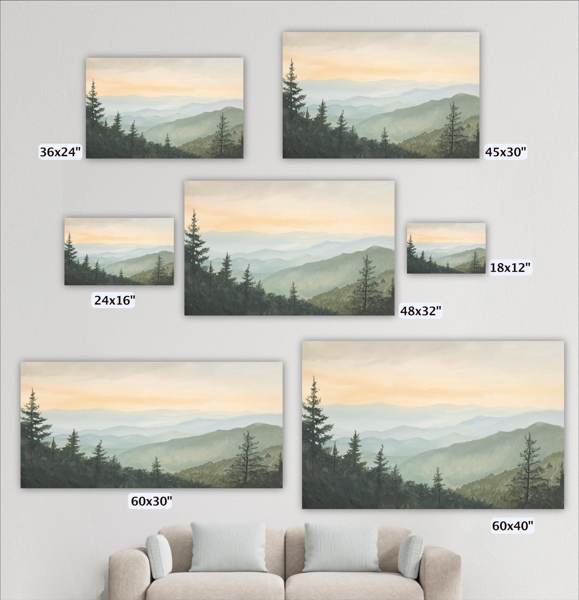 a collection of landscape paintings or photographs depicting mountains and pine trees, each with a different size and frame.