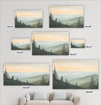 a collection of landscape paintings or photographs depicting mountains and pine trees, each with a different size and frame.