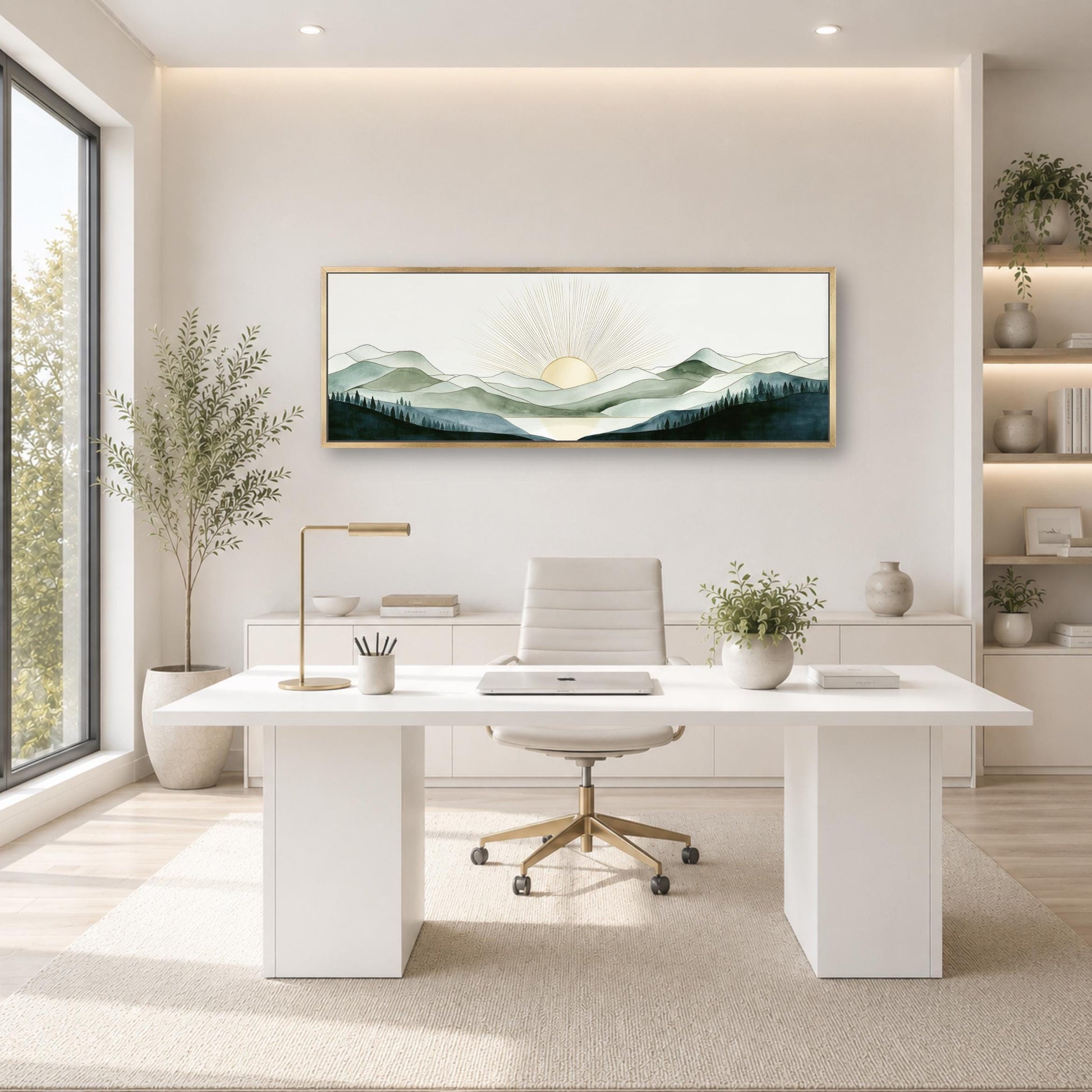 a modern, minimalist office space with a large window, a white desk, a white chair, and a framed landscape painting on the wall.