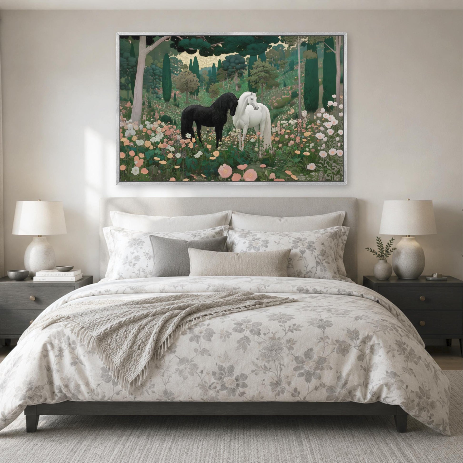 a large painting of two horses in a forest setting, hanging above a bed with a floral comforter.