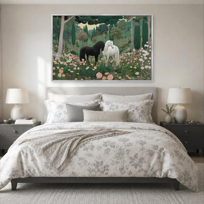 a large painting of two horses in a forest setting, hanging above a bed with a floral comforter.