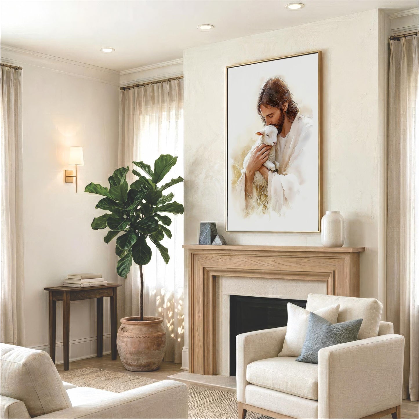 a cozy living room with a large painting of Jesus holding a lamb hanging on the wall above a fireplace. The room is furnished with a sofa, a chair, and a potted plant, creating a warm and inviting atmosphere.