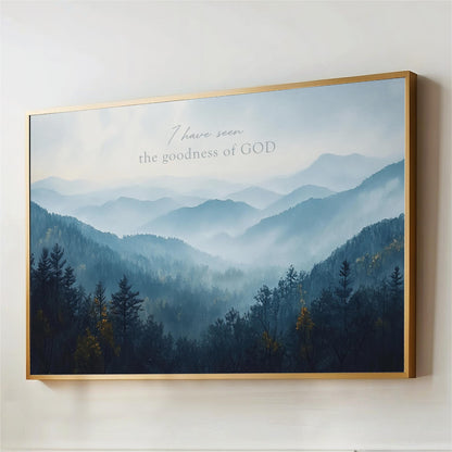 I Have Seen the Goodness of God Wall Art, Blue Ridge Landscape Framed Canvas Artwork, Christian Religious Bible Verse