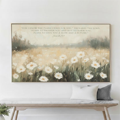 a large painting of a field of white flowers hanging on a wall above a wooden bench.