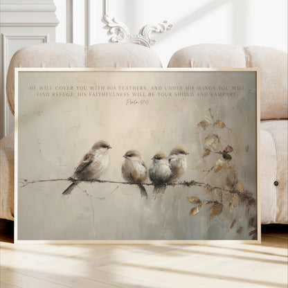 A framed painting depicting four birds perched on a branch, with a text overlay that reads "He will cover you with his feathers, and under his wings you will find refuge. His faithfulness will be your shield and rampart."
