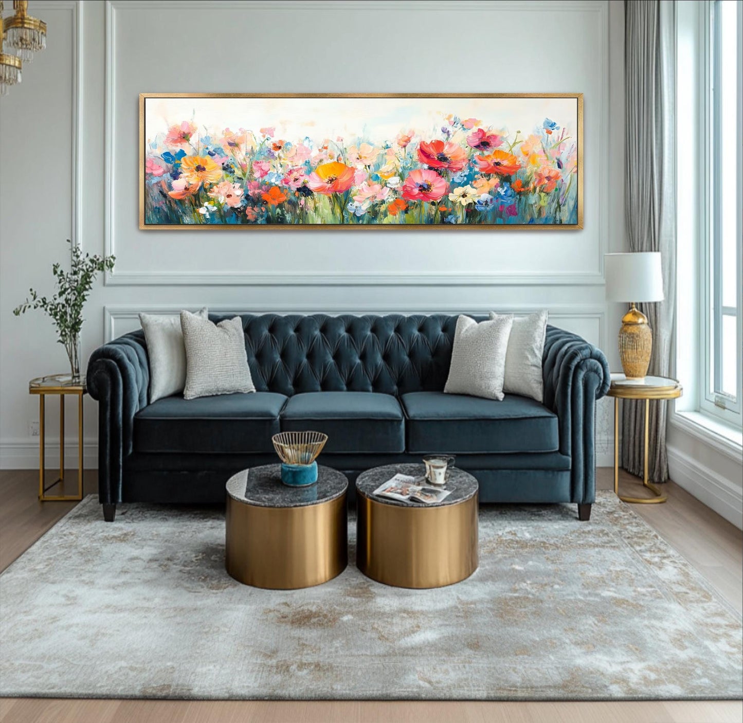 A living room with a blue tufted sofa, two round coffee tables, and a large floral painting on the wall.