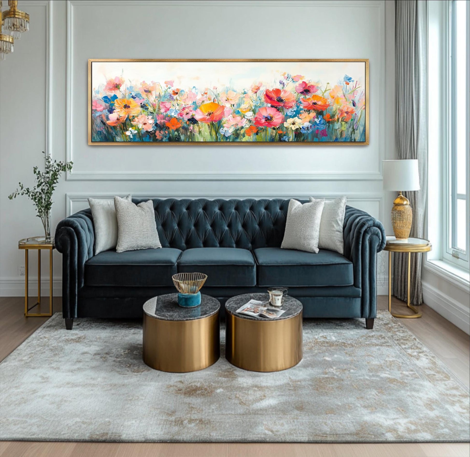 A living room with a blue tufted sofa, two round coffee tables, and a large floral painting on the wall.