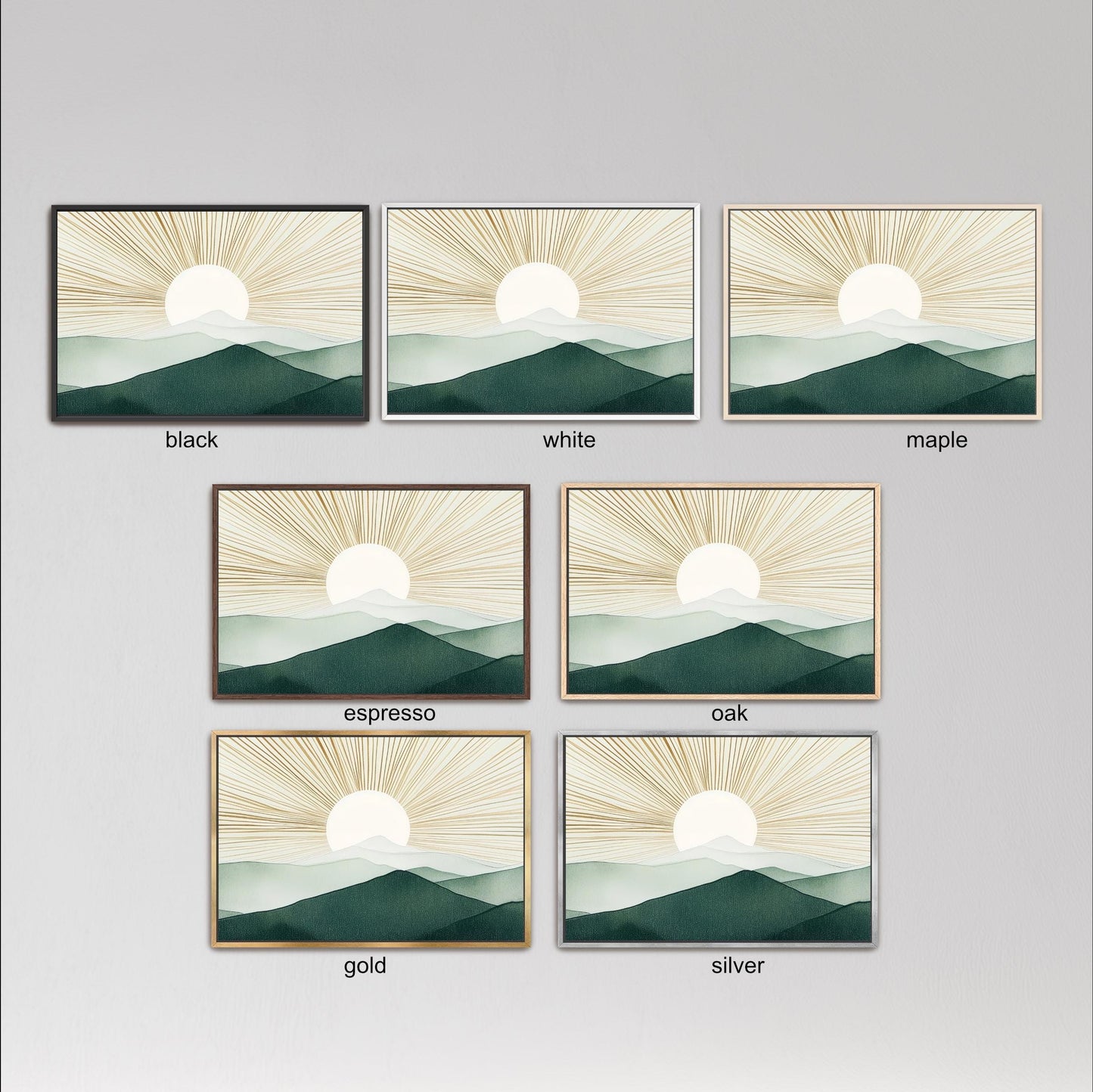 six framed landscape paintings depicting sunsets over mountains, each with a different color scheme. The paintings are arranged in a grid format, with three paintings in each row and two columns. The color schemes include black, white, and maple, as well as gold, silver, and oak.