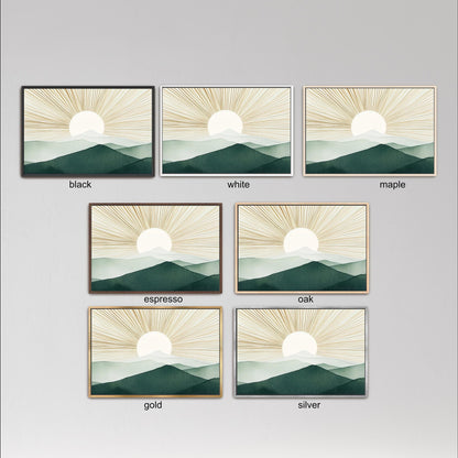 six framed landscape paintings depicting sunsets over mountains, each with a different color scheme. The paintings are arranged in a grid format, with three paintings in each row and two columns. The color schemes include black, white, and maple, as well as gold, silver, and oak.