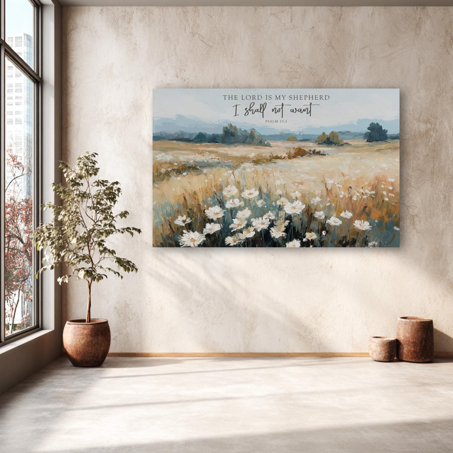 a large painting of a field with white flowers hanging on a wall in a room with a window and two potted plants.