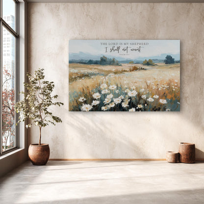 a large painting of a field with white flowers hanging on a wall in a room with a window and two potted plants.