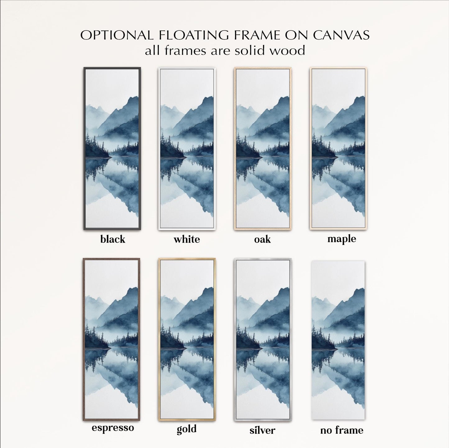 a collection of six framed landscape paintings, each with a different color and frame style. The paintings feature a serene mountain landscape with a lake or river reflecting the surrounding scenery. The frames are designed to be mounted on a canvas, with the option to choose from black, white, oak, maple, espresso, gold, and silver frames. The frames are solid wood, adding a natural and rustic touch to the overall presentation.