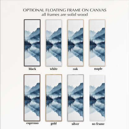 a collection of six framed landscape paintings, each with a different color and frame style. The paintings feature a serene mountain landscape with a lake or river reflecting the surrounding scenery. The frames are designed to be mounted on a canvas, with the option to choose from black, white, oak, maple, espresso, gold, and silver frames. The frames are solid wood, adding a natural and rustic touch to the overall presentation.