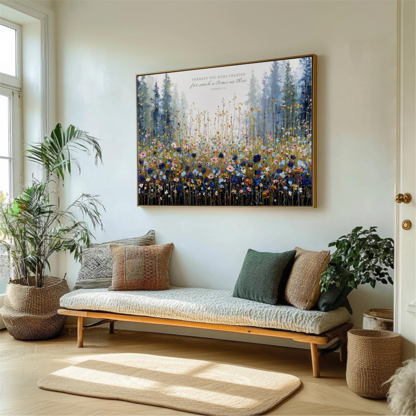 a living room with a large painting of a field of flowers hanging on the wall above a wooden bench with pillows. The room is decorated with potted plants and a rug, creating a cozy and inviting atmosphere.