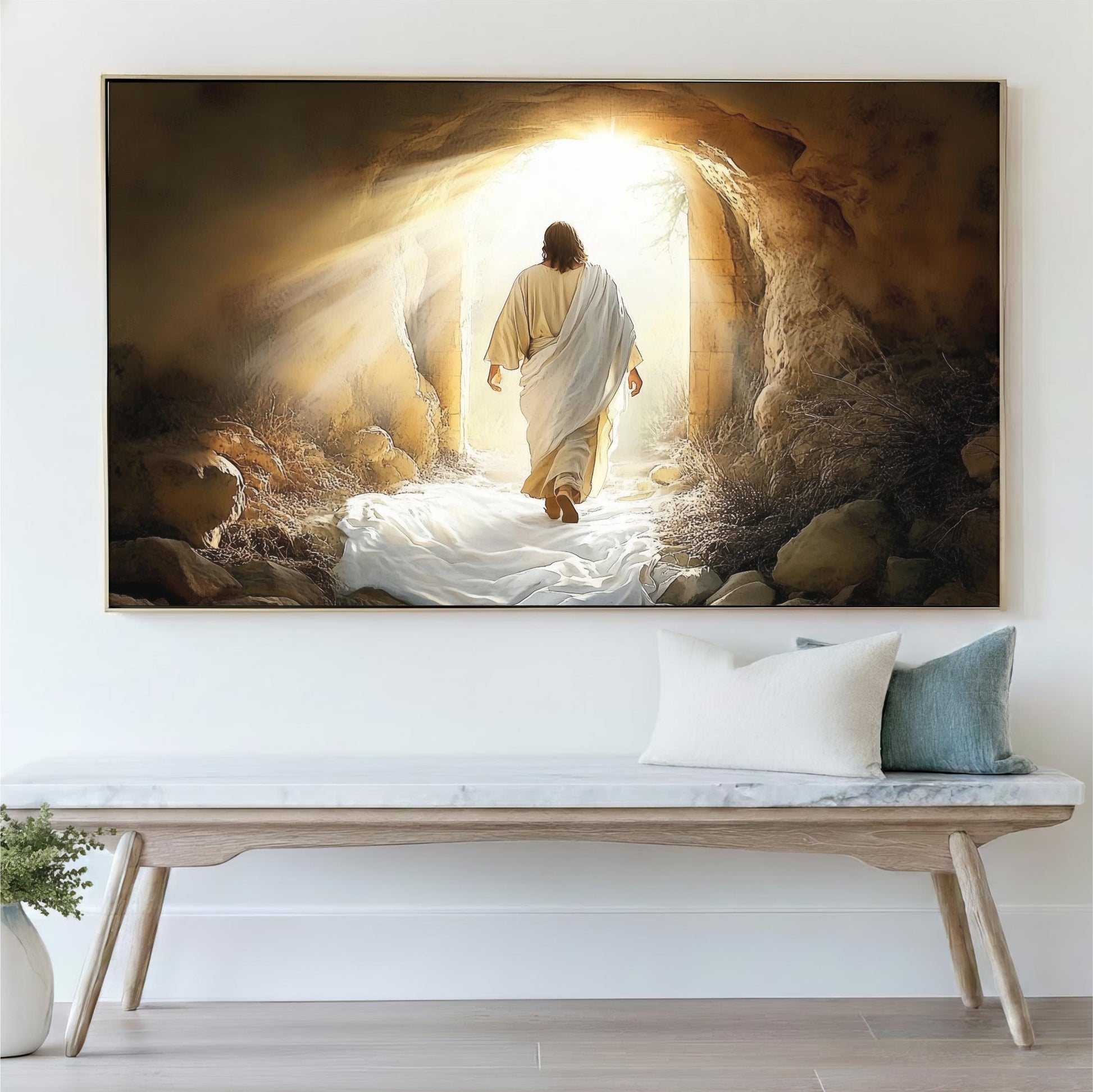 a person in a white robe walking through a cave with a bright light at the end, suggesting a religious or biblical theme.