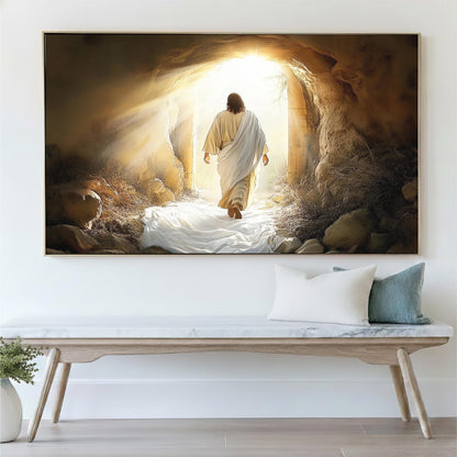 a person in a white robe walking through a cave with a bright light at the end, suggesting a religious or biblical theme.