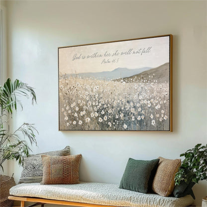 a large framed painting of a field of flowers hanging on a wall, with a potted plant and a bench below it.