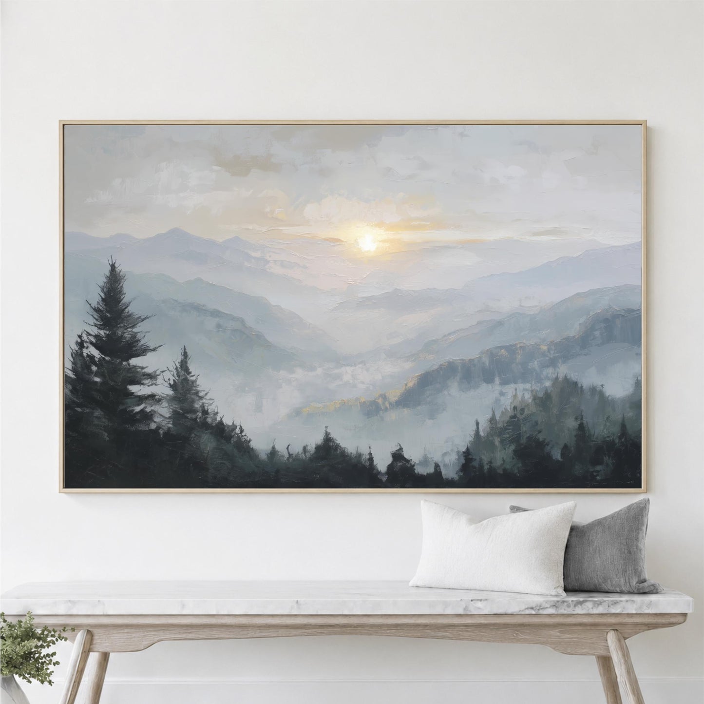 Forest Mountain Sunset Framed Wall Art, Abstract Blue, Gray Landscape Canvas Print, Sun Nature Decor, Pine Trees, Large Horizontal ArtWork