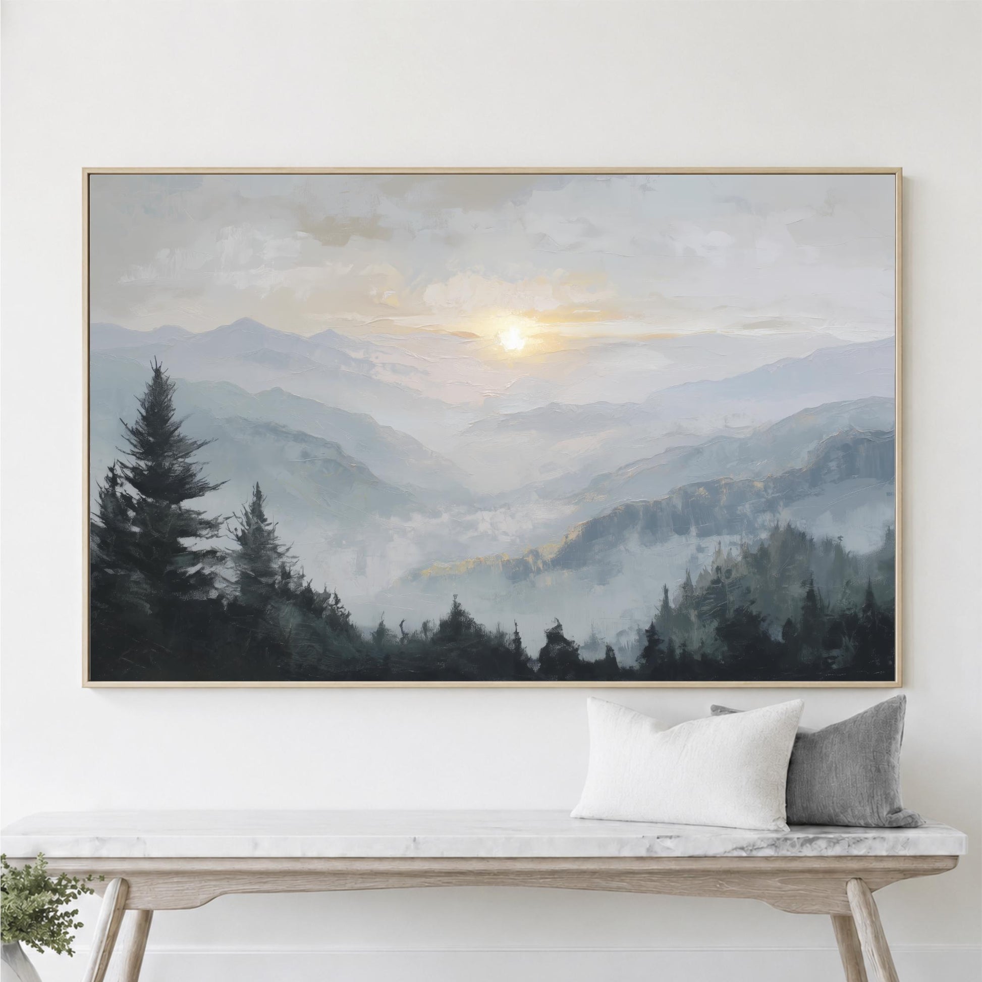 Forest Mountain Sunset Framed Wall Art, Abstract Blue, Gray Landscape Canvas Print, Sun Nature Decor, Pine Trees, Large Horizontal ArtWork