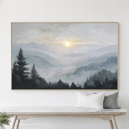 Forest Mountain Sunset Framed Wall Art, Abstract Blue, Gray Landscape Canvas Print, Sun Nature Decor, Pine Trees, Large Horizontal ArtWork