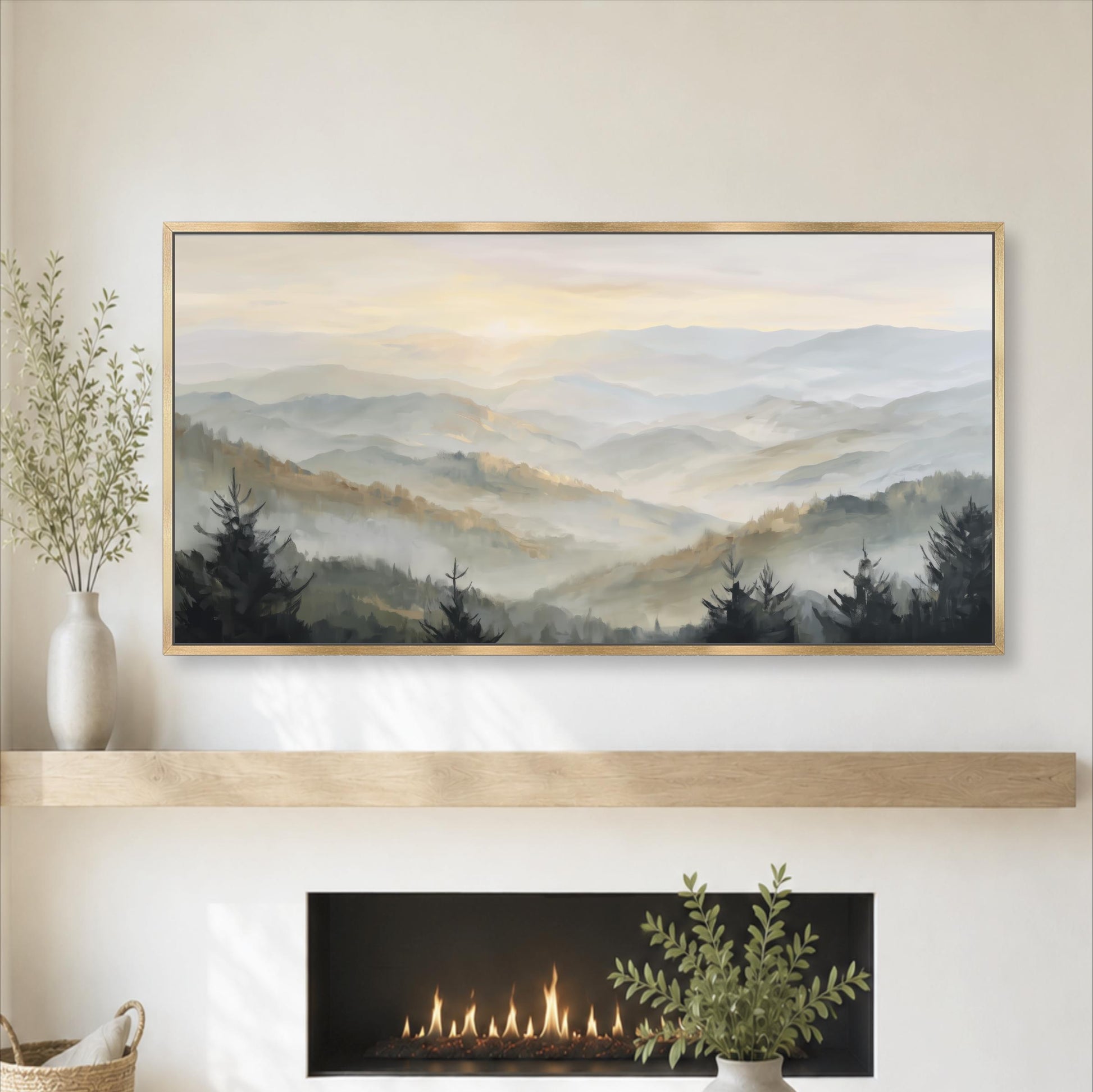 a large landscape painting hanging on a wall above a fireplace, with a vase of greenery and a basket of woven items placed on a shelf below the painting.