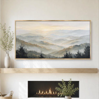 a large landscape painting hanging on a wall above a fireplace, with a vase of greenery and a basket of woven items placed on a shelf below the painting.