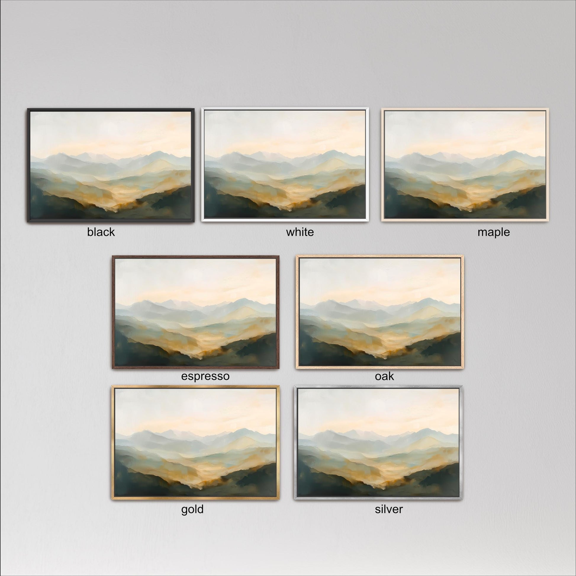 six framed landscape paintings, each with a different color frame, arranged in a grid against a gray background.