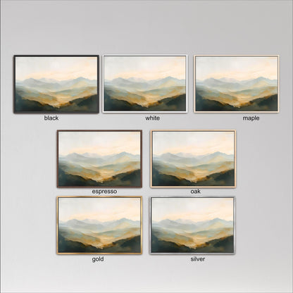 six framed landscape paintings, each with a different color frame, arranged in a grid against a gray background.