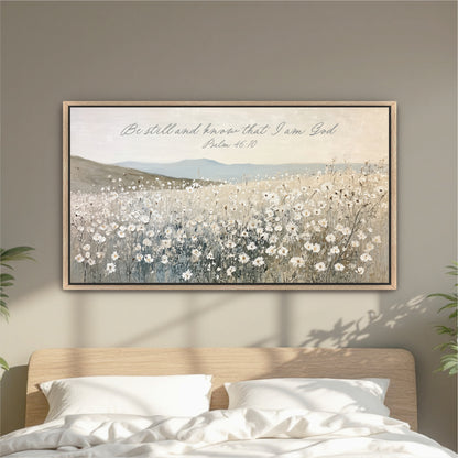 a framed painting of a field of white flowers hanging on a wall above a bed.