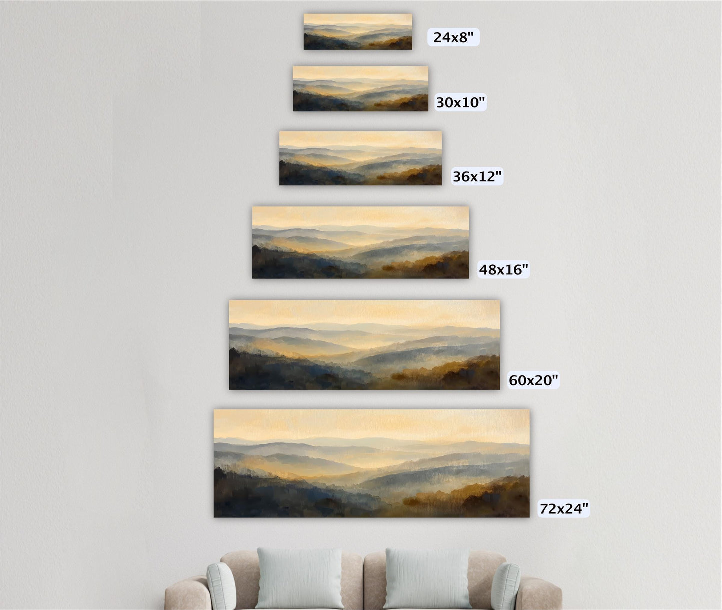 a series of landscape paintings or photographs of mountains, each varying in size and resolution. The paintings are arranged in a descending order, starting from a smaller size of 24x8 inches to a larger size of 72x24 inches. The images showcase different perspectives and details of the mountainous terrain, providing a comprehensive view of the landscape.