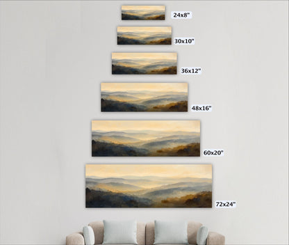 a series of landscape paintings or photographs of mountains, each varying in size and resolution. The paintings are arranged in a descending order, starting from a smaller size of 24x8 inches to a larger size of 72x24 inches. The images showcase different perspectives and details of the mountainous terrain, providing a comprehensive view of the landscape.